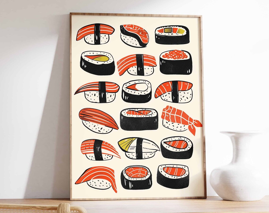 Bold Retro Sushi Illustrations Orange Black Cream Japanese Art Poster