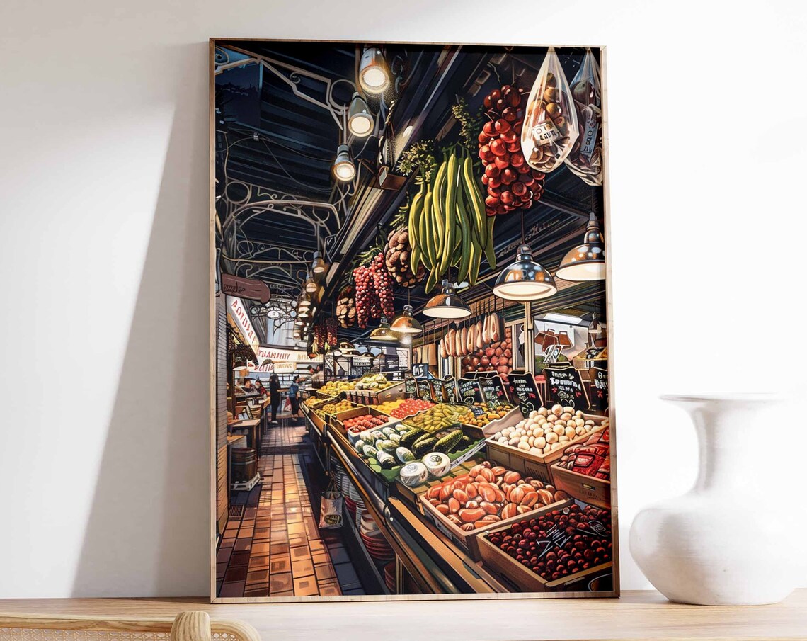 Night Food Market Hall Hanging Produce Vegetables Painting Poster