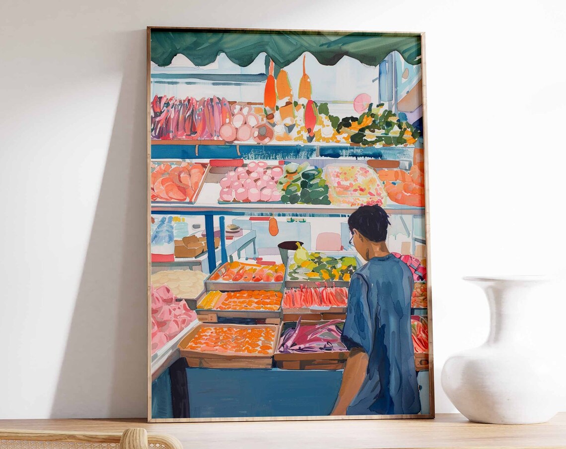 Asian Seafood Market Poster Seafood Print Food Poster Fish Market Print Kitchen Decor Asian Decor Oriental Art Print Seafood Art