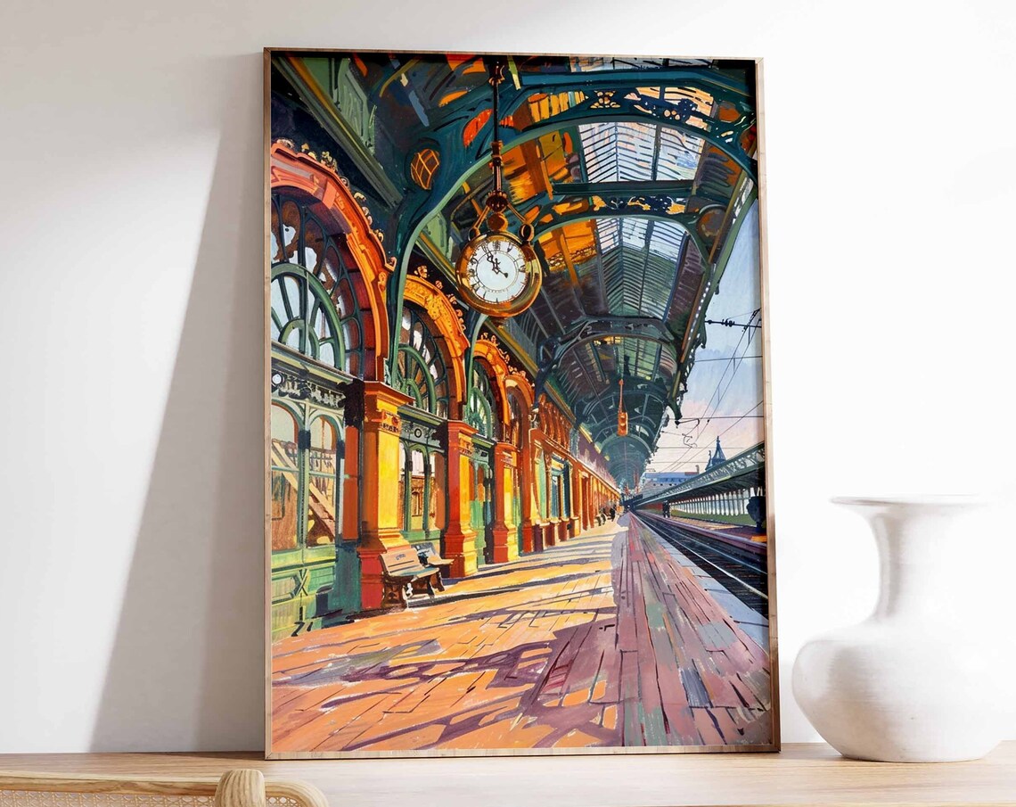 Sunlit Grand Railway Station Platform With Hanging Clock Poster