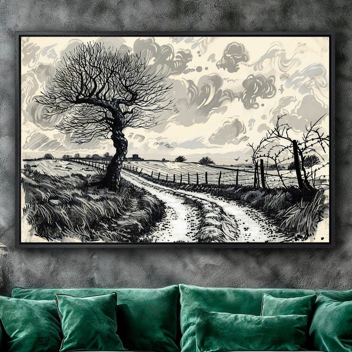 Black And White Countryside Framed Canvas Wall Art Captivating Country Road Painting Print Abstract Poster Rustic Decor Gift Ready To Hang