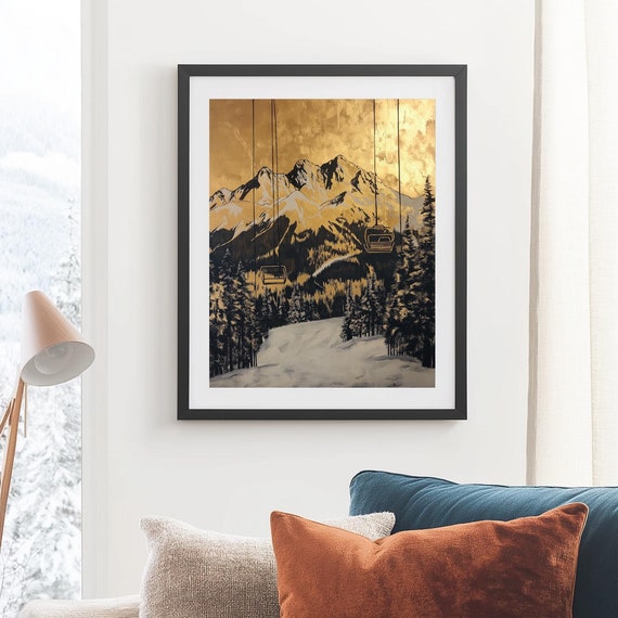 Ski Lift Gold Winter Landscape Art Modern Wall For Trendy Apartment Cozy Cabin Decor Chalet