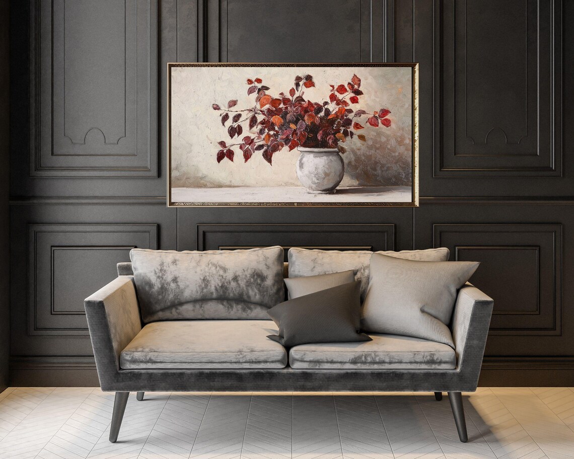 Burgundy Autumn Leaves In White Pot Still Life Vintage Painting Poster - Image 2
