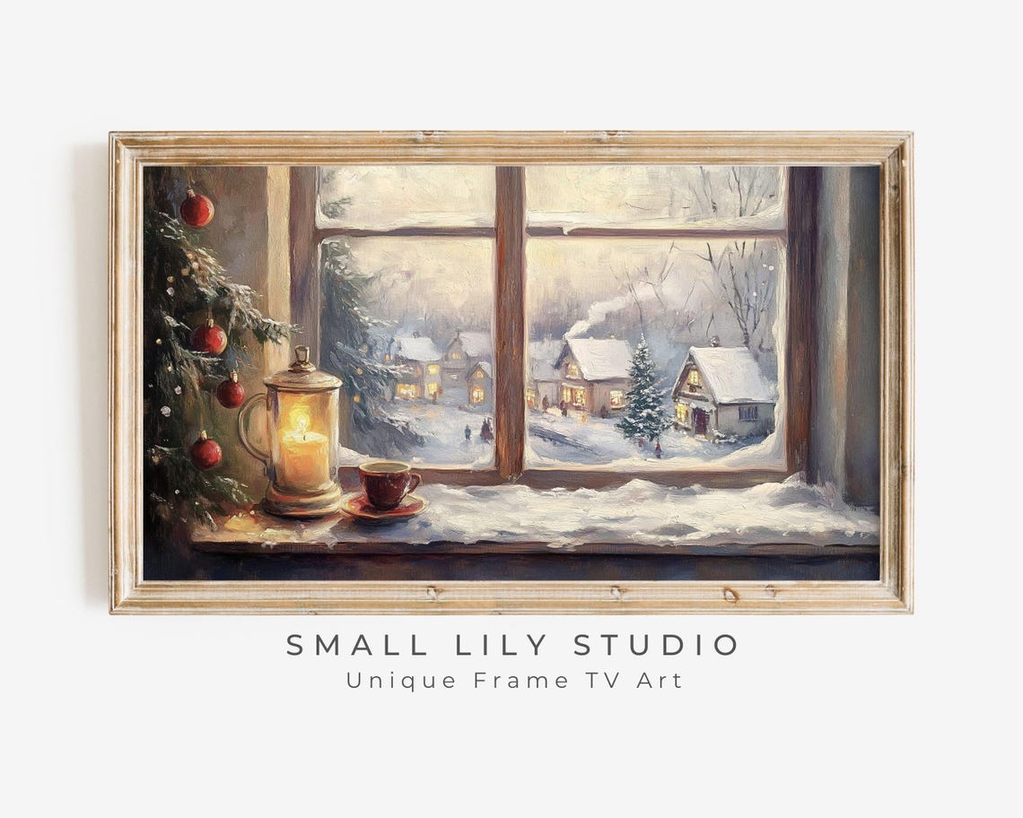 Frame Tv Art Cozy Christmas Window Frame Tv Art Vintage Style Painting Festive Winter Scene Neutral Xmas Tv Screensaver Tv518