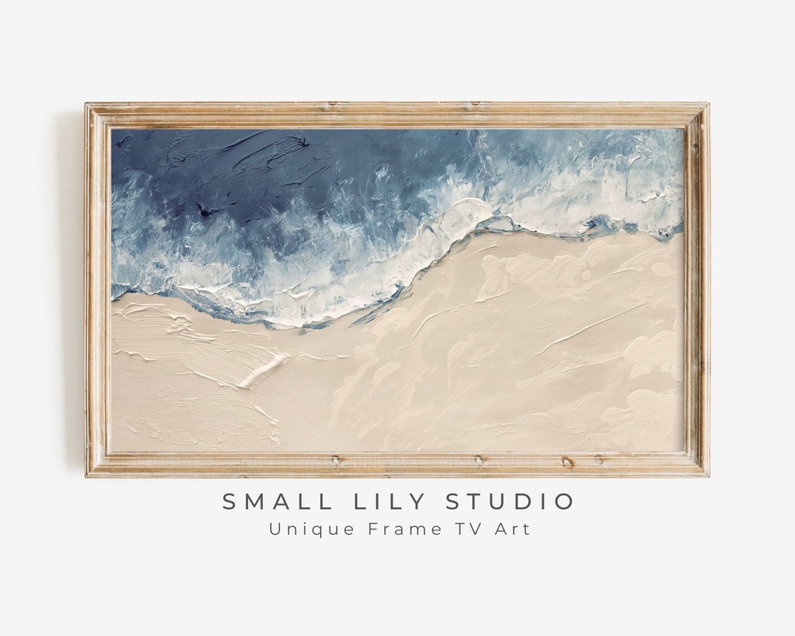 Navy Blue Ocean Waves Meeting Beige Sand Abstract Coastal Art Print