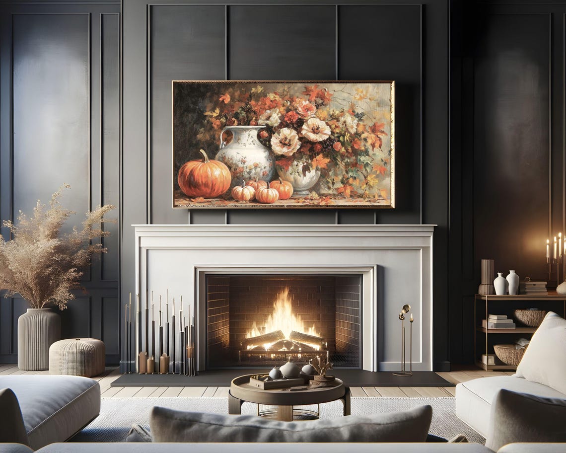 Autumn Flowers In White Vase With Pumpkins Fall Still Life Poster - Image 2