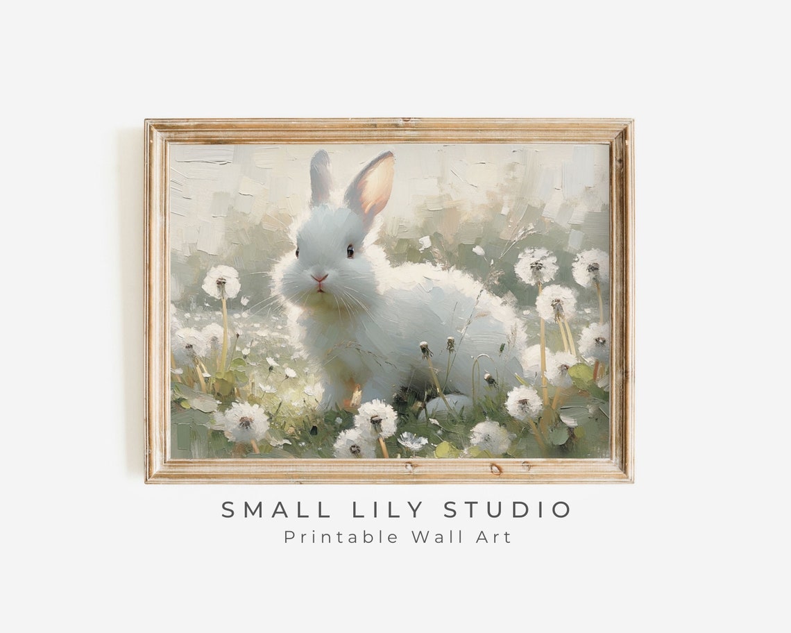 Cute White Bunny in Dandelion Field Spring Vintage Animal Wall Art - Image 3