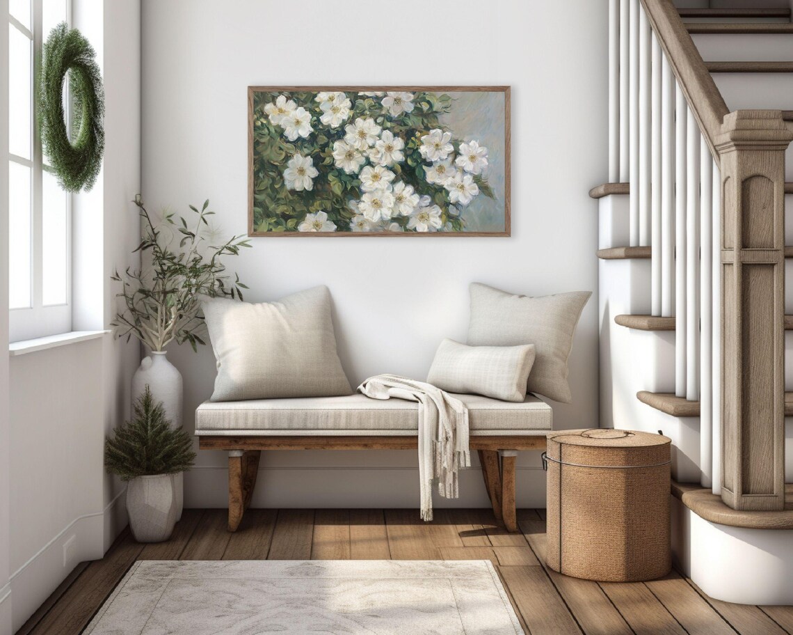 White Blossoms on Blooming Bush Lush Green Farmhouse Floral Spring Poster - Image 3