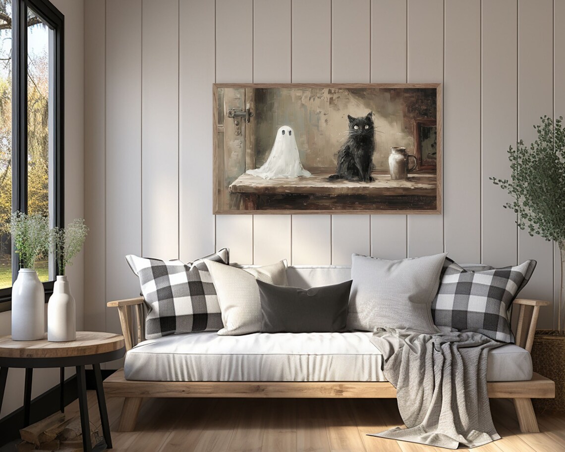 Ghost and Black Cat Rustic Farmhouse Table Vintage Halloween Painting Poster - Image 3