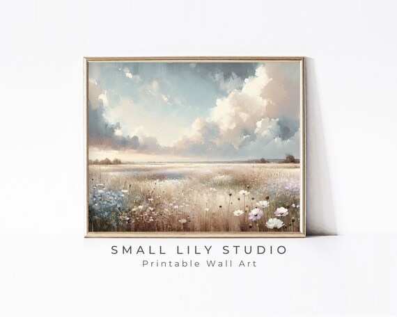 Wildflower Field Under Dramatic Clouds Watercolor Landscape Art Print