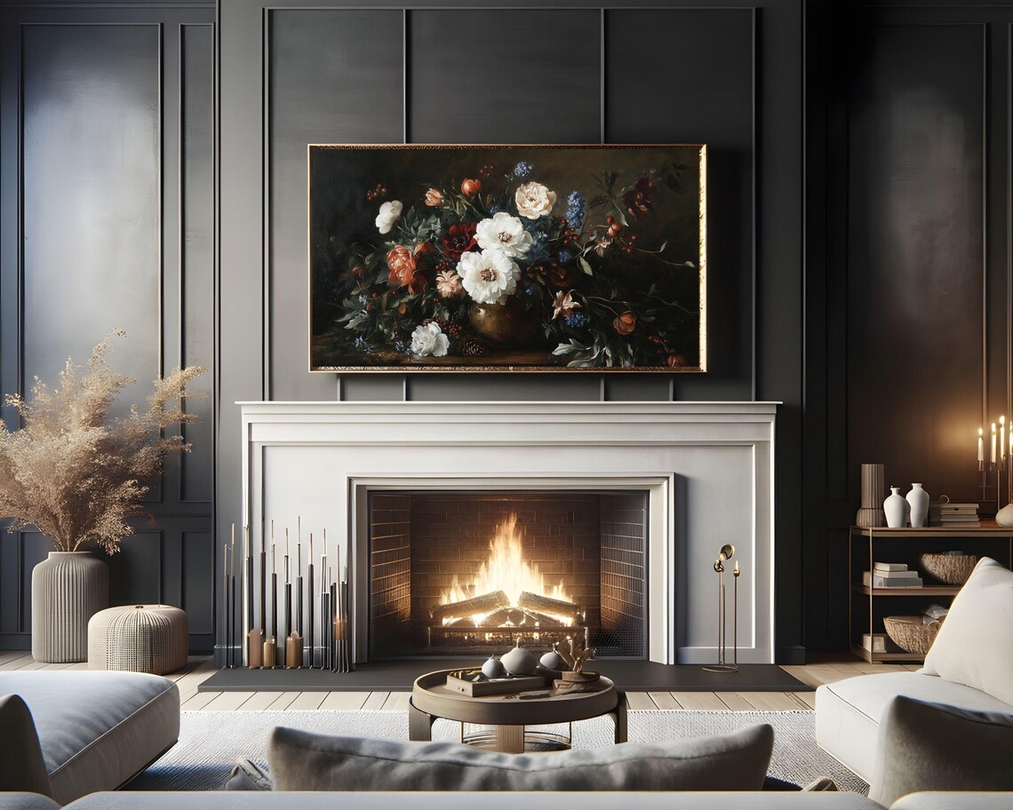 Moody Flowers And Berries Dark Still Life White Peonies Vintage Painting Poster - Image 2