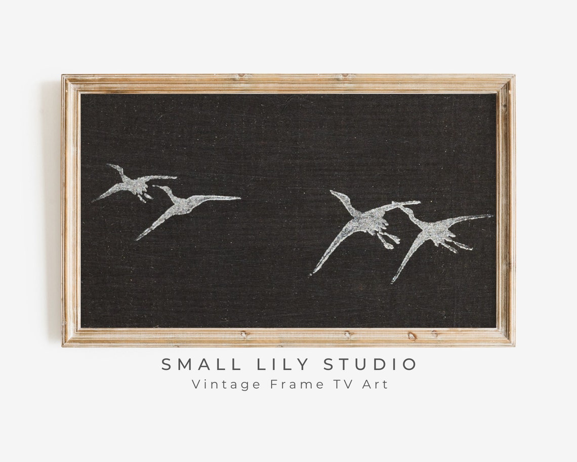 Frame Tv Japanese Cranes Vintage Minimalist Japandi Tv Art Black And White Antique Wood Block Frame Tv Art Wabi Sabi Tv60