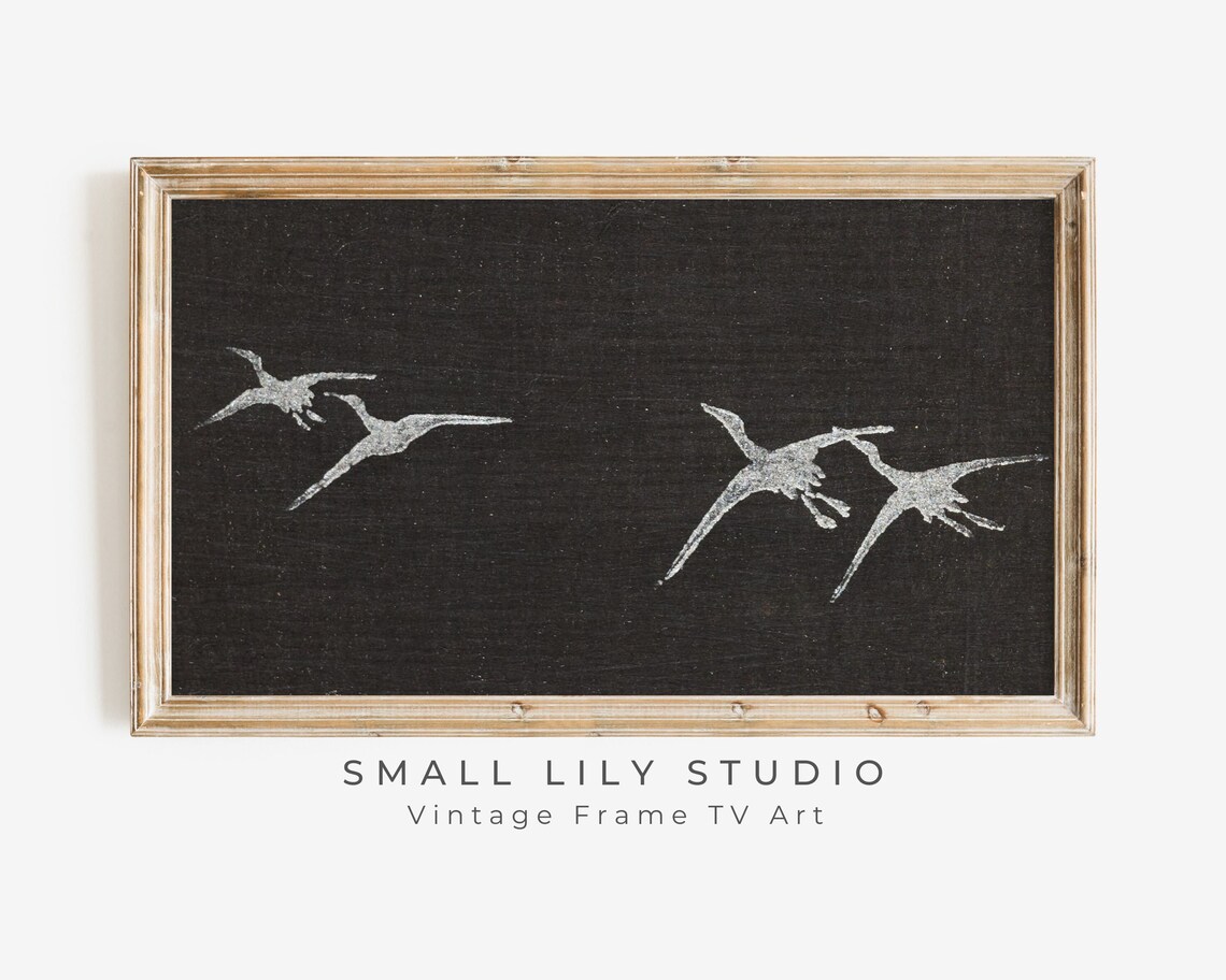 Japanese Cranes Black White Vintage Woodblock Japandi Style Art Poster