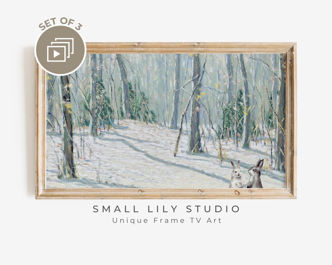 Frame Tv Art Bunnies In Snow Winter Tv Art Rabbits Christmas Frame Tv Art Winter Forest Vintage Painting Tv Art Tv122