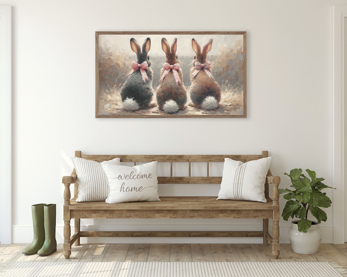 Bunnies With Pink Bows Easter Rabbit Art Print - Image 3