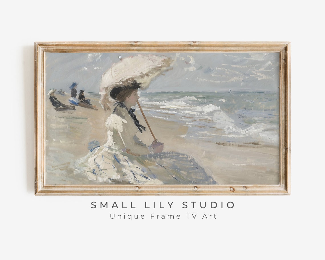 Woman With White Parasol On Beach Impressionist Seaside Scene Poster