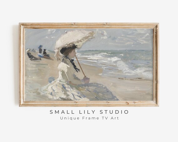 Woman With White Parasol On Beach Impressionist Seaside Scene Poster