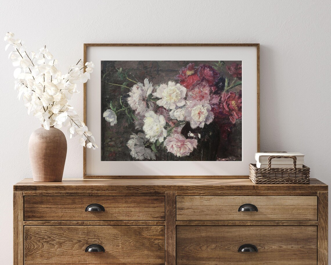 Moody White And Pink Peonies Dark Background Floral Painting Poster - Image 3