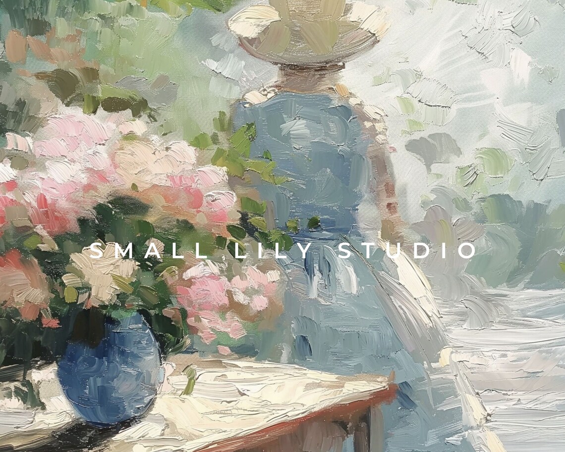 Woman In Garden Straw Hat Blue Dress Impressionist Floral Painting Poster - Image 4