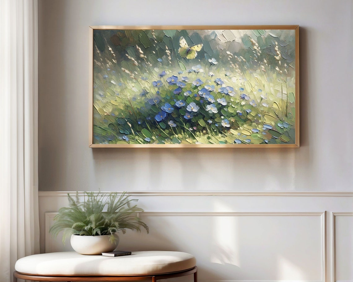 Blue Flowers Yellow Butterfly Impasto Textured Spring Painting Poster - Image 3