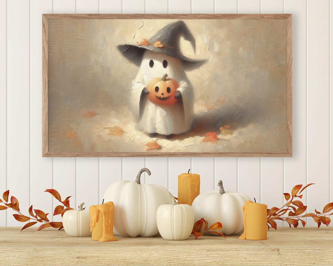 Halloween Frame Tv Art Cute Ghost In Witchs Hat Holding Pumpkin Frame Tv Art Ghost Fun Spooky Halloween Tv Artwork Tv430 - Image 3