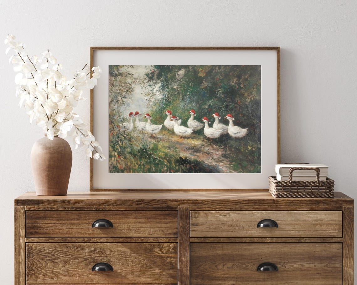 White Geese Wearing Santa Hats on a Country Path Cute Farmhouse Poster - Image 3