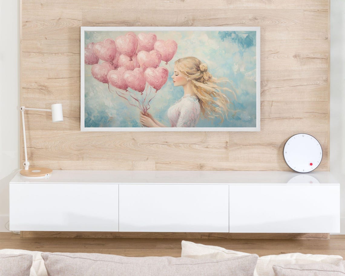 Frame Tv Art Pink Heart Balloons Frame Art Valentines Day Vintage Style Painting Vday Self Love Woman Portrait Pink Blue Tv596 - Image 3