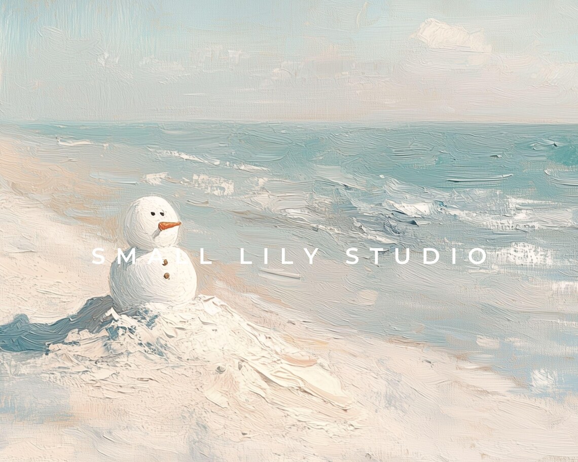 Snowman On Beach Coastal Christmas Art Print - Image 4