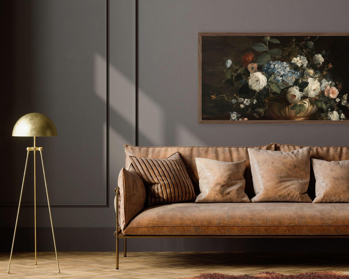 Moody Hydrangea and Rose Bouquet Dark Vintage Still Life Art Poster - Image 3
