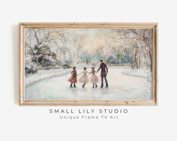 Family Ice Skating Frozen Pond Snowy Park Retro Vintage Winter Art Poster