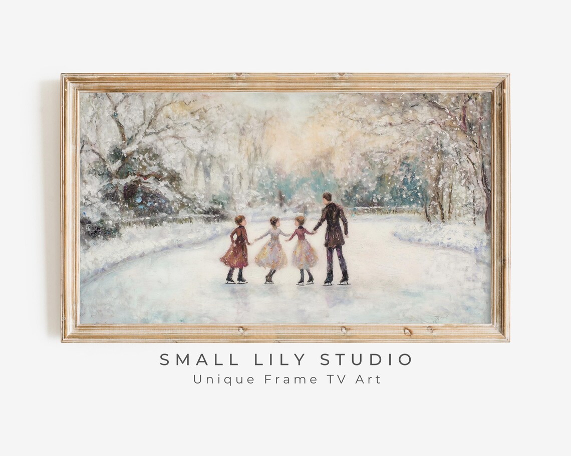 Family Ice Skating Frozen Pond Snowy Park Retro Vintage Winter Art Poster