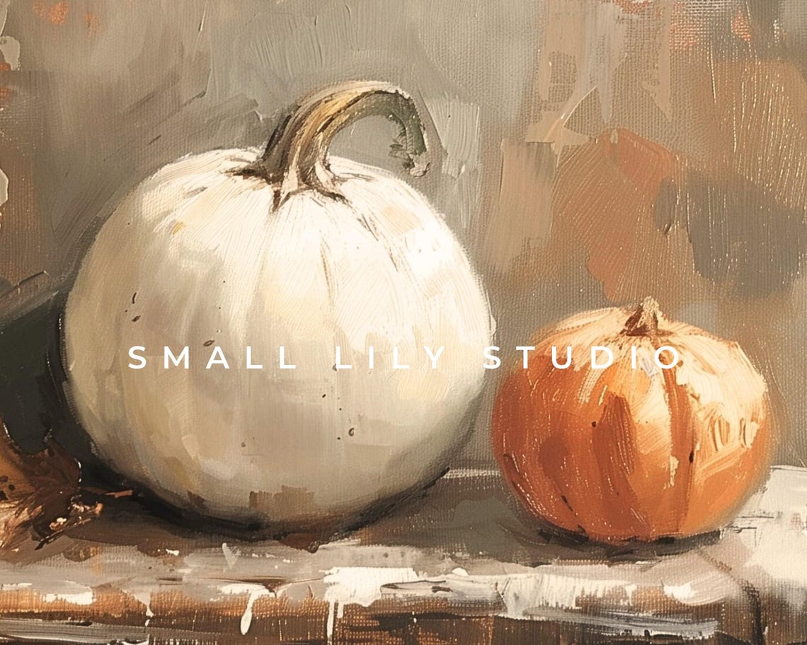 White Pumpkin And Small Orange Pumpkin On Ledge Moody Fall Poster - Image 4