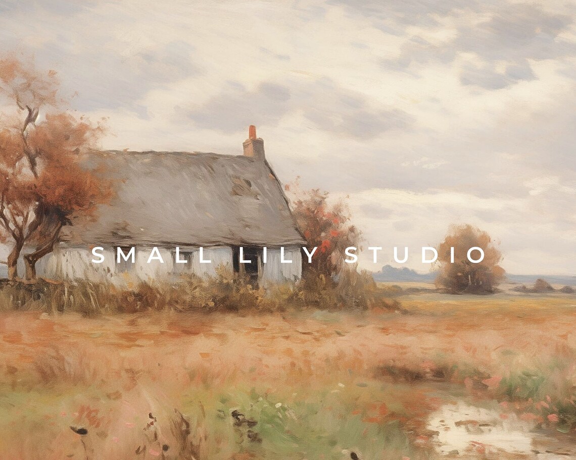 White Cottage In Autumn Field With Orange Grasses Vintage Oil Poster - Image 4