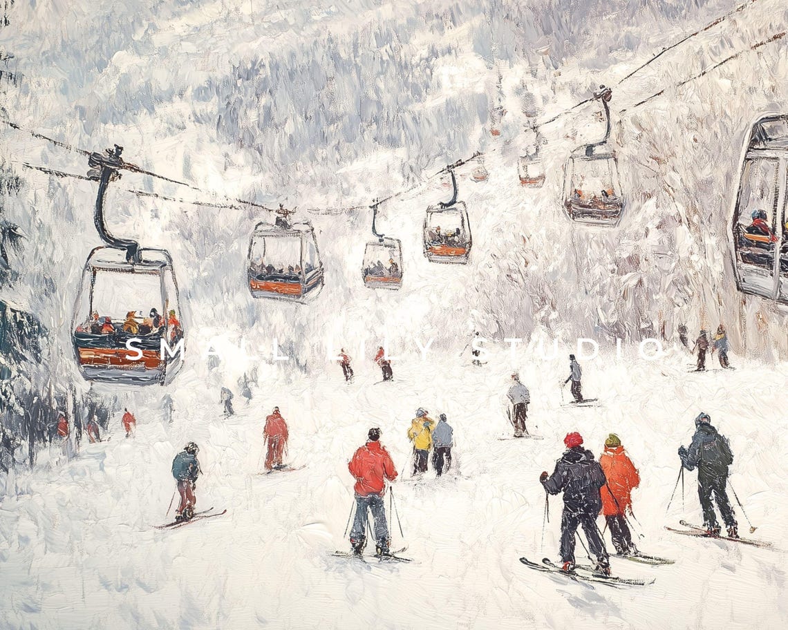 Frame Tv Art Gondolas And Skiers Frame Tv Art Winter Holidays In Snowy Mountains Vintage Style Painting Tv Screeensaver Tv586 - Image 4