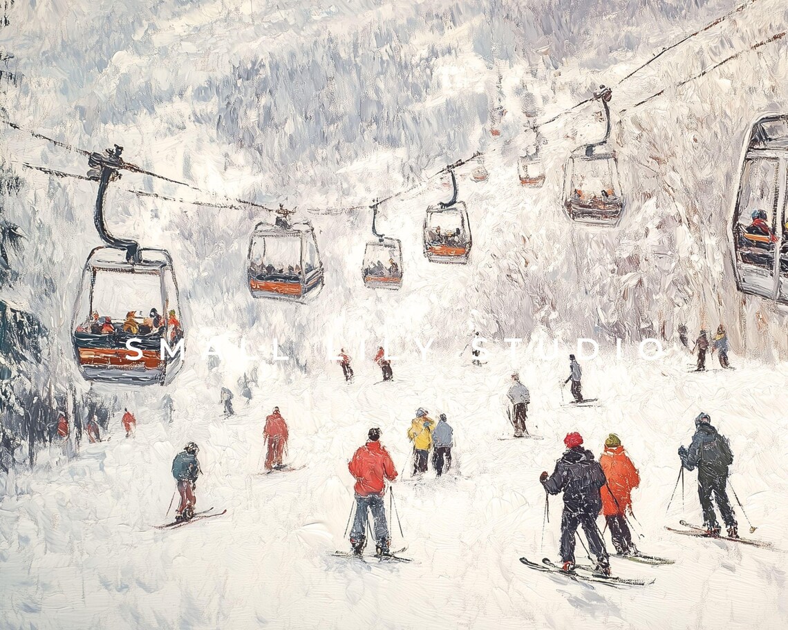Ski Gondolas Carrying Skiers Over Snowy Slopes Vintage Winter Mountain Poster - Image 4