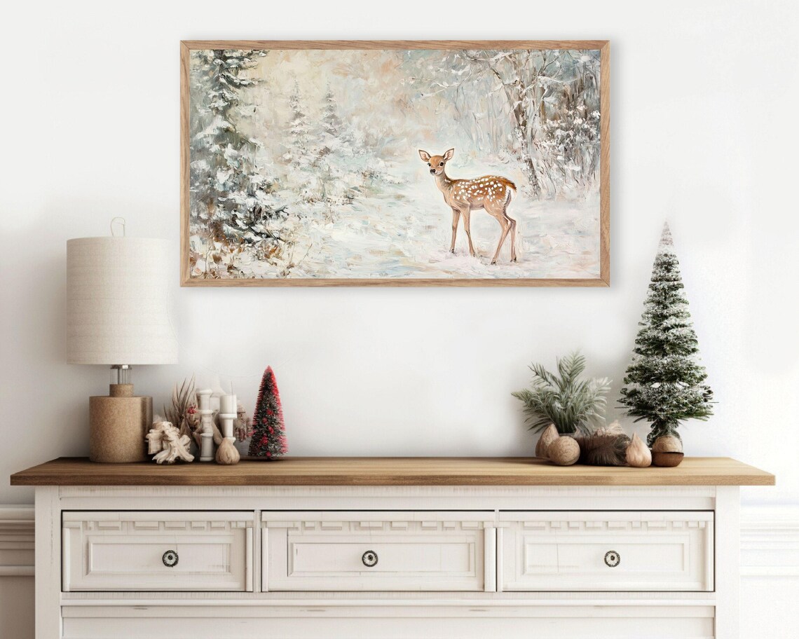 Baby Deer in Forest, Neutral Winter Art Print - Image 3
