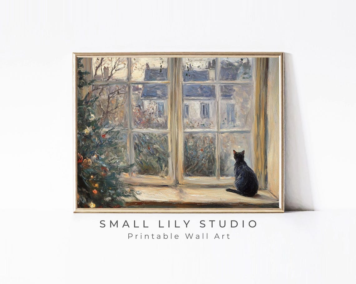 Black Cat Windowsill Snowy Window View Christmas Tree Rustic Art Print