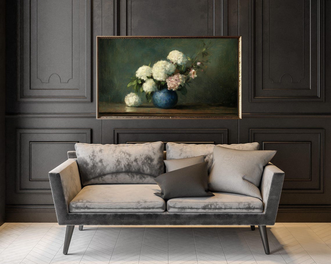 White Hydrangeas In Blue Vase Moody Dark Vintage Floral Poster - Image 3