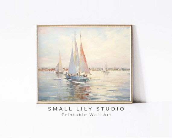 Sailboats On Calm Water Vintage Style Coastal Boats Sailing Painting Poster