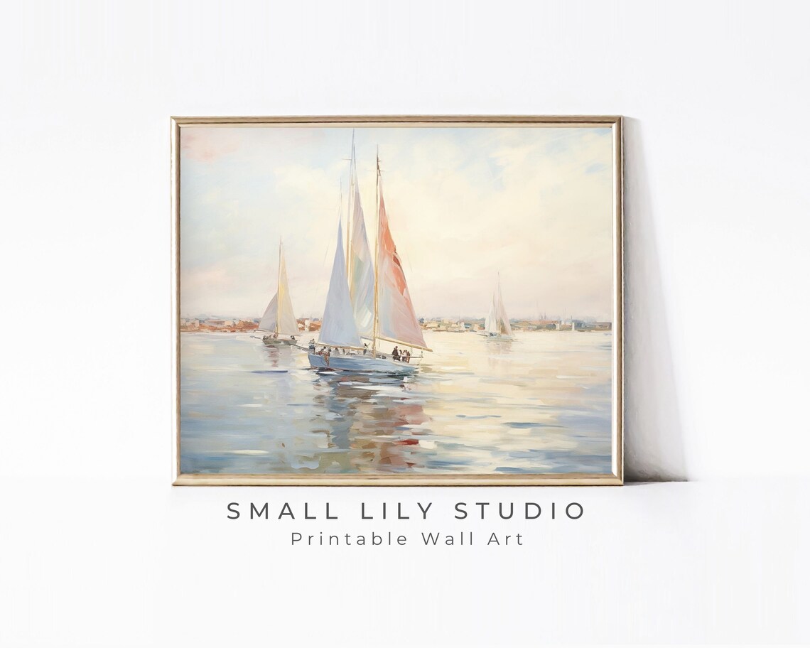 Sailboats On Calm Water Vintage Style Coastal Boats Sailing Painting Poster