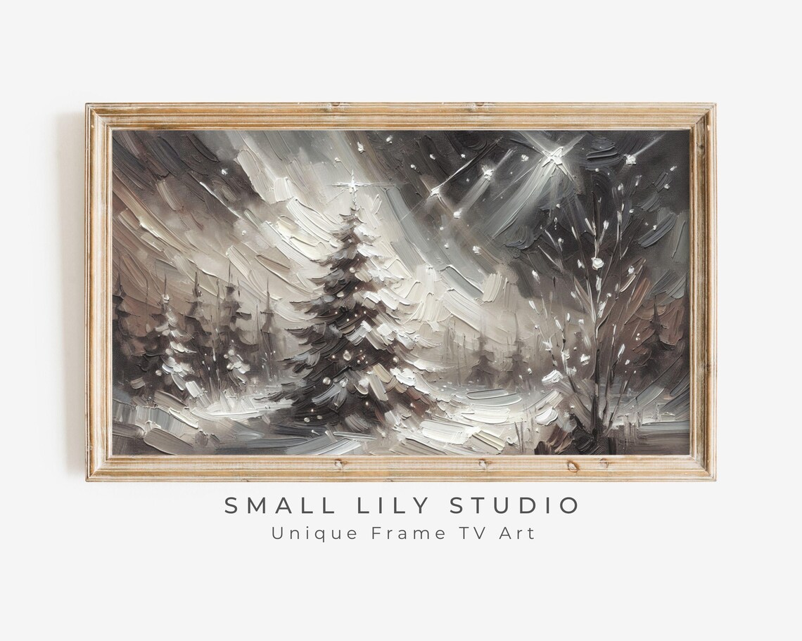 Black White Pine Tree Night Stars Snow Abstract Textured Winter Art Poster