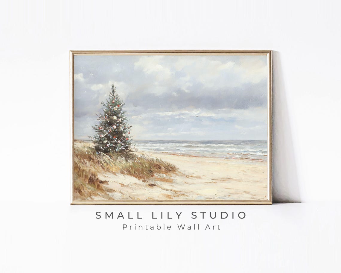Coastal Christmas Tree on Sandy Beach Dunes Ocean Vintage Poster