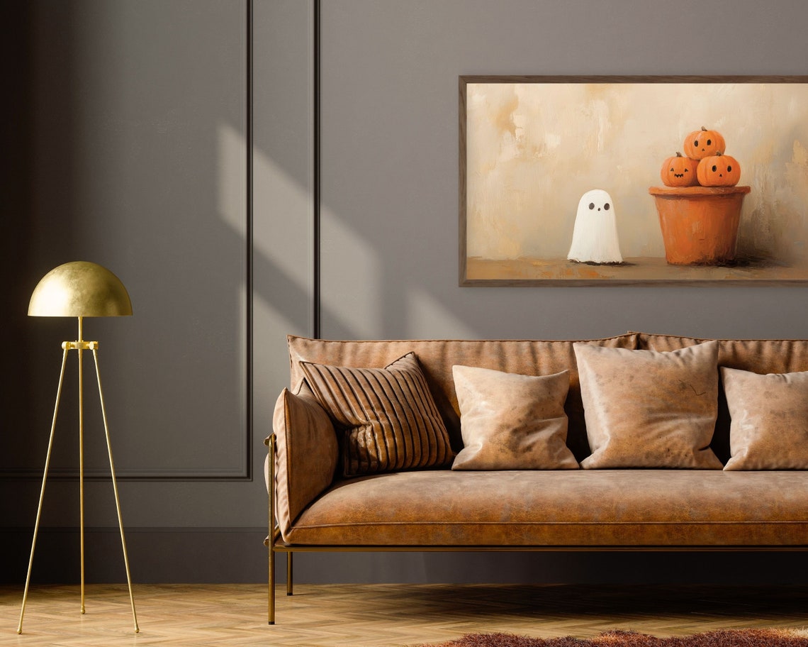Cute Ghost Pumpkin Stack Terracotta Pot Minimalist Halloween Poster - Image 2