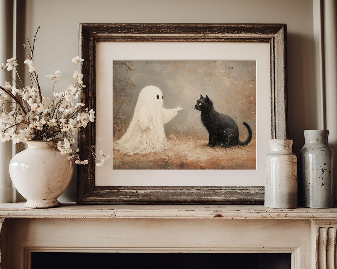 Ghost and Black Cat Spooky Cute Halloween Oil Painting Wall Art - Image 4