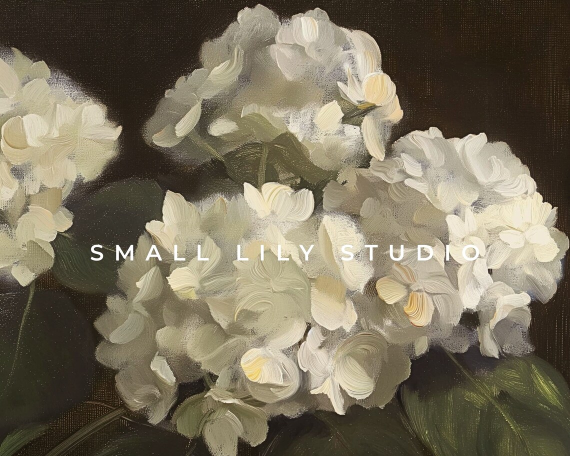 Moody White Hydrangeas Still Life, Vintage Style Art Print - Image 4