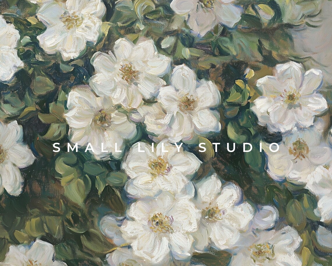 White Blossoms on Blooming Bush Lush Green Farmhouse Floral Spring Poster - Image 4