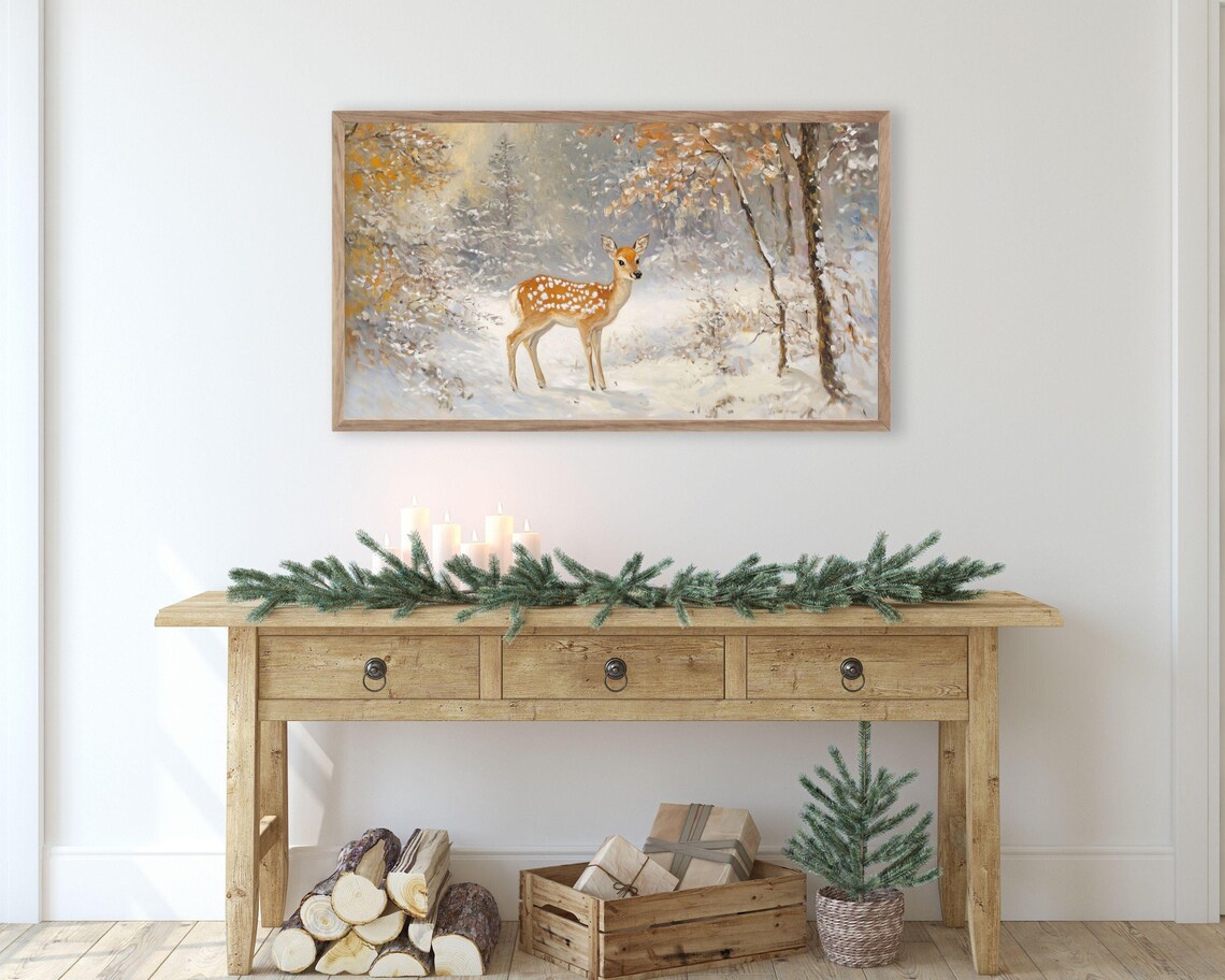 Baby Deer Fawn Snowy Forest Autumn Winter Vintage Animal Painting Art Poster - Image 2