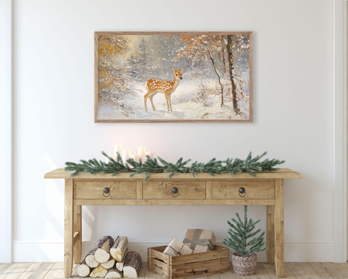 Frame Tv Art Baby Deer In Winter Landscape Neutral Frame Tv Art Vintage Painting Style Cute Animal Tv Screensaver For Kids Tv561 - Image 2