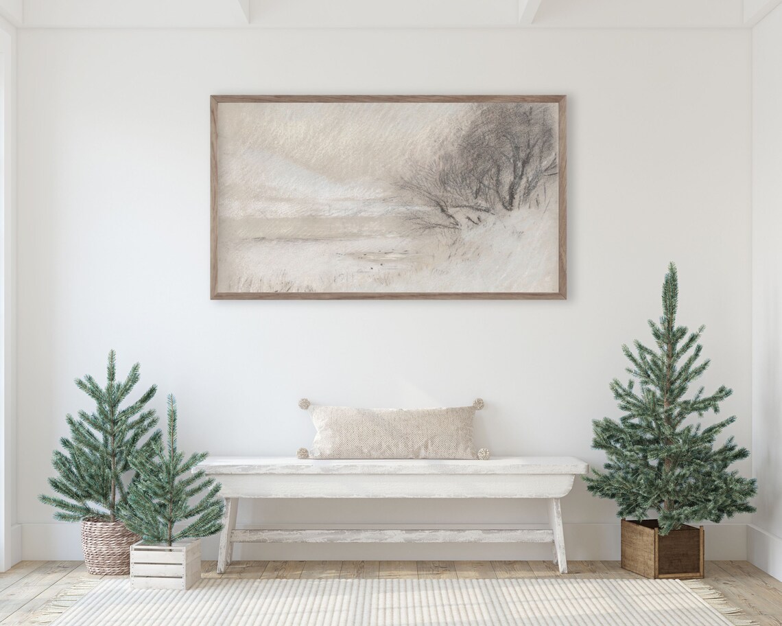 Trees In Snow Sketch Minimalist Winter Landscape Neutral Farmhouse Art Poster - Image 2