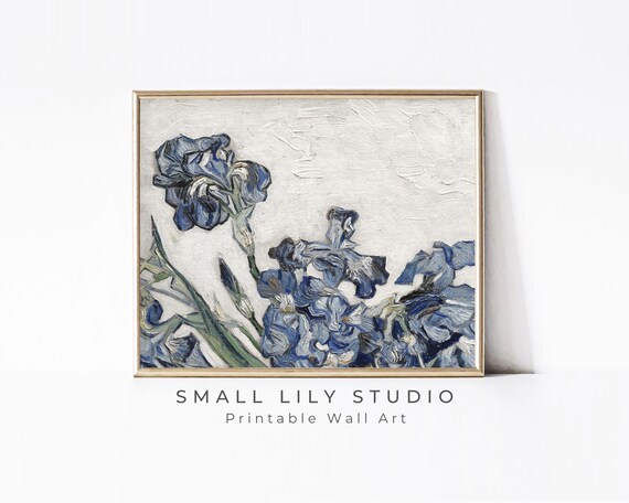 Blue Irises Impasto Oil Painting Van Gogh Style Floral Still Life Print